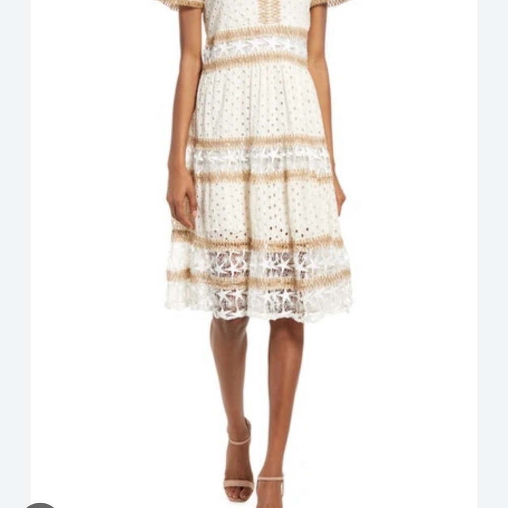 Elegant Ecru and Tan Eyelet Cotton Dress